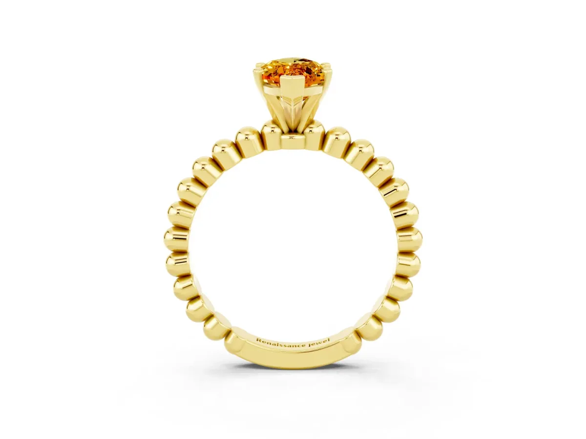 Marquise Cut Citrine Solitaire Ring with Beaded Band and Prong Setting Yellow gold