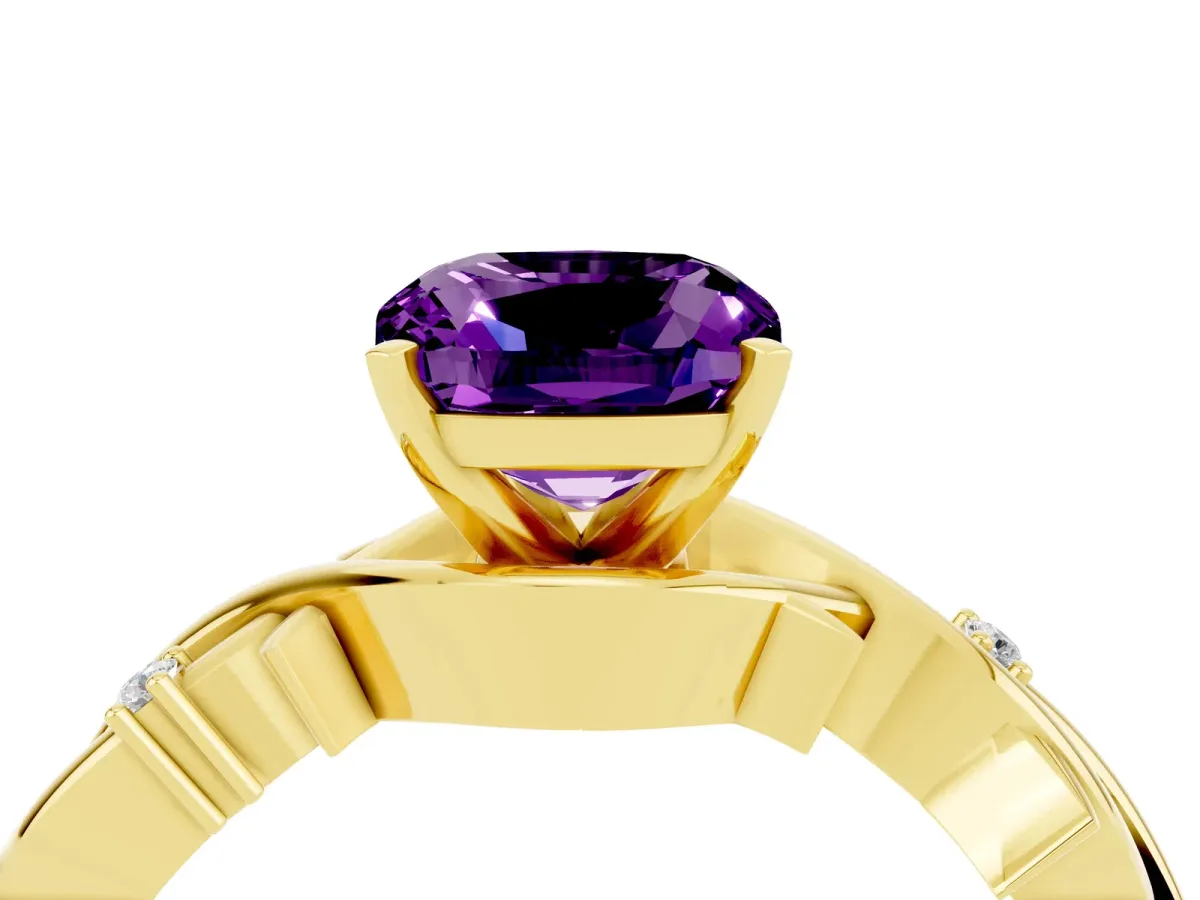 Cushion Cut Amethyst Solitaire Ring with Twisted Band and Prong Setting Yellow gold