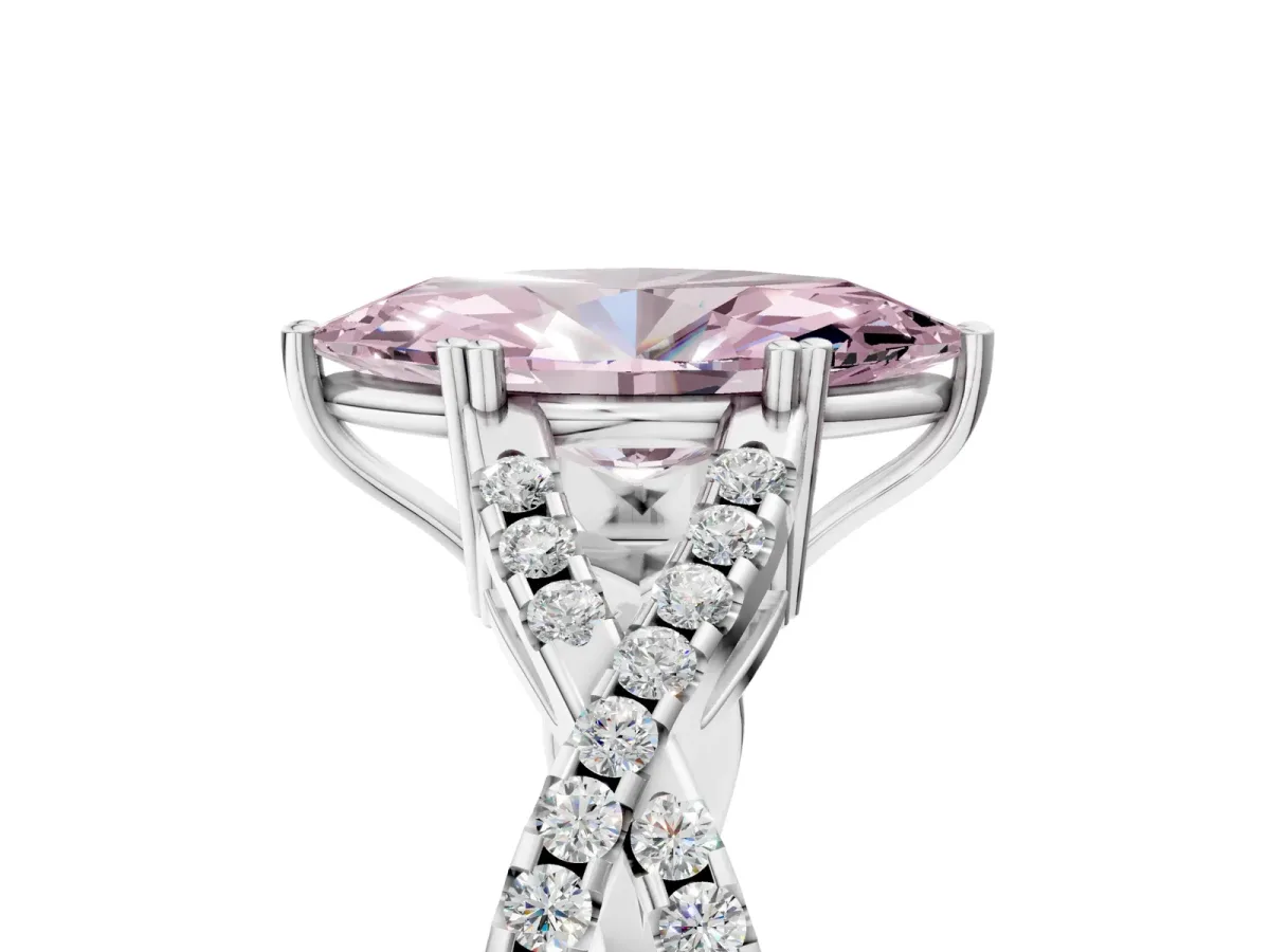 Fancy Pink Marquise Cut Diamond Solitaire Ring with Four-Prong Setting and Twisted Pavé Band Silver