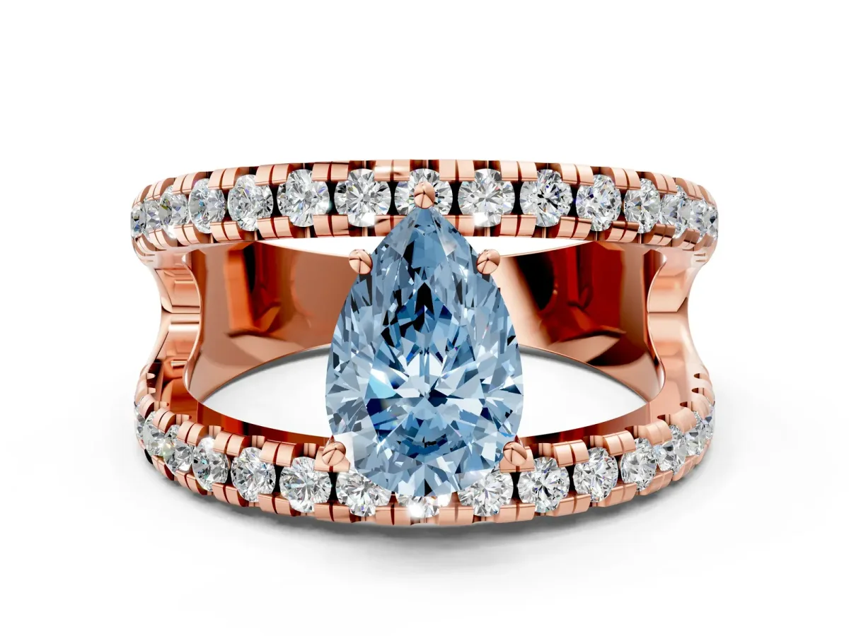 Fancy Blue Pear Cut Solitaire Split Shank Pave Diamond Ring Rose gold