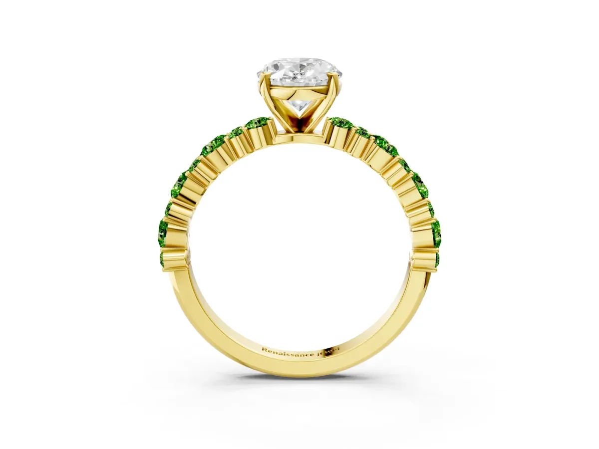 Oval Cut Diamond Side Stone Solitaire Ring with Round Peridot and Four-Prong Setting Yellow gold