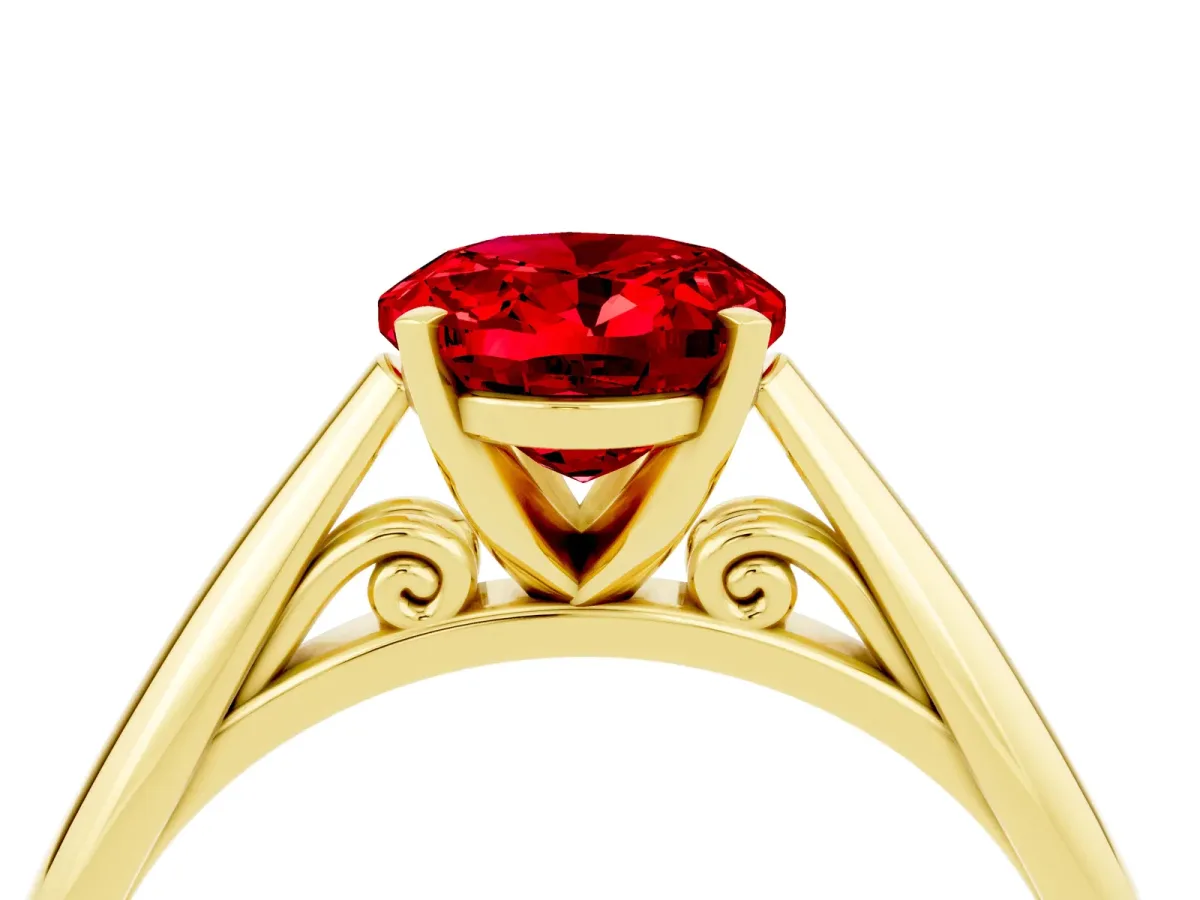 Oval Cut Ruby Solitaire Engagement Ring with Cathedral Setting and Four-Prong Mount Yellow gold