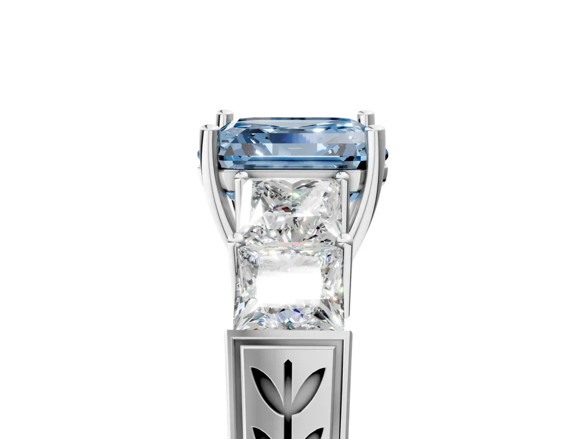 Fancy Blue Asscher Cut Solitaire Princess Side Stone Engraved Band Prong Setting Ring White gold