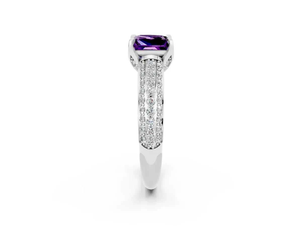 Princess Cut Amethyst Solitaire Ring with Three-Row Pavé Band and Four-Prong Setting Platinum