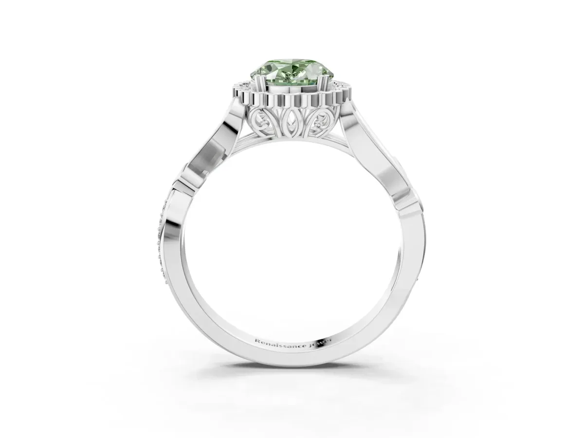 Fancy Green Oval Cut Diamond Halo Ring with Vintage Split Shank and Four-Prong Setting Silver