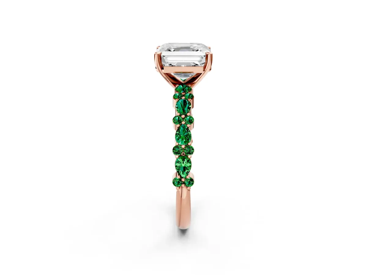 Asscher Cut Diamond Side Stone Solitaire Ring with Round Emerald and Four-Prong Setting Rose gold