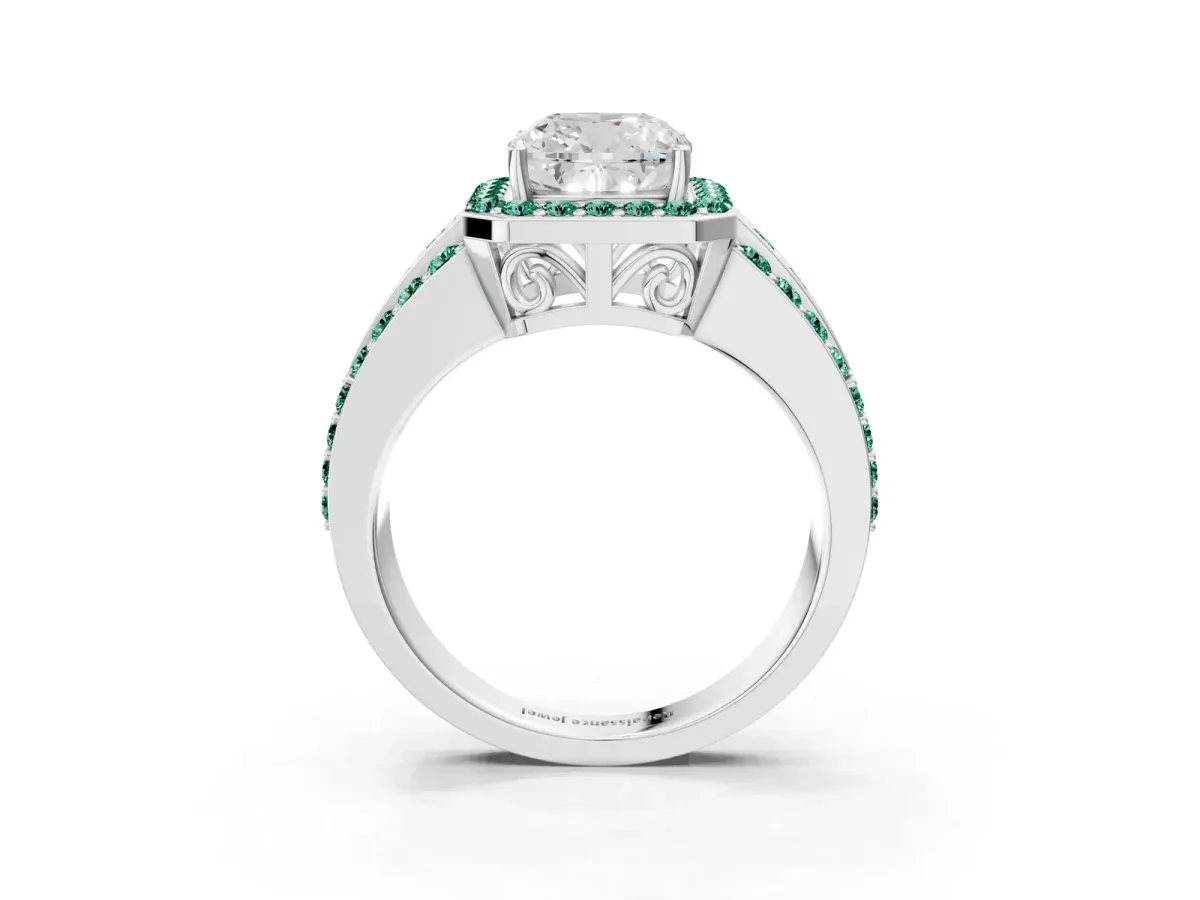 Cushion Cut Halo Diamond Ring with Round Green Sapphire Split Shank and Prong Setting Silver