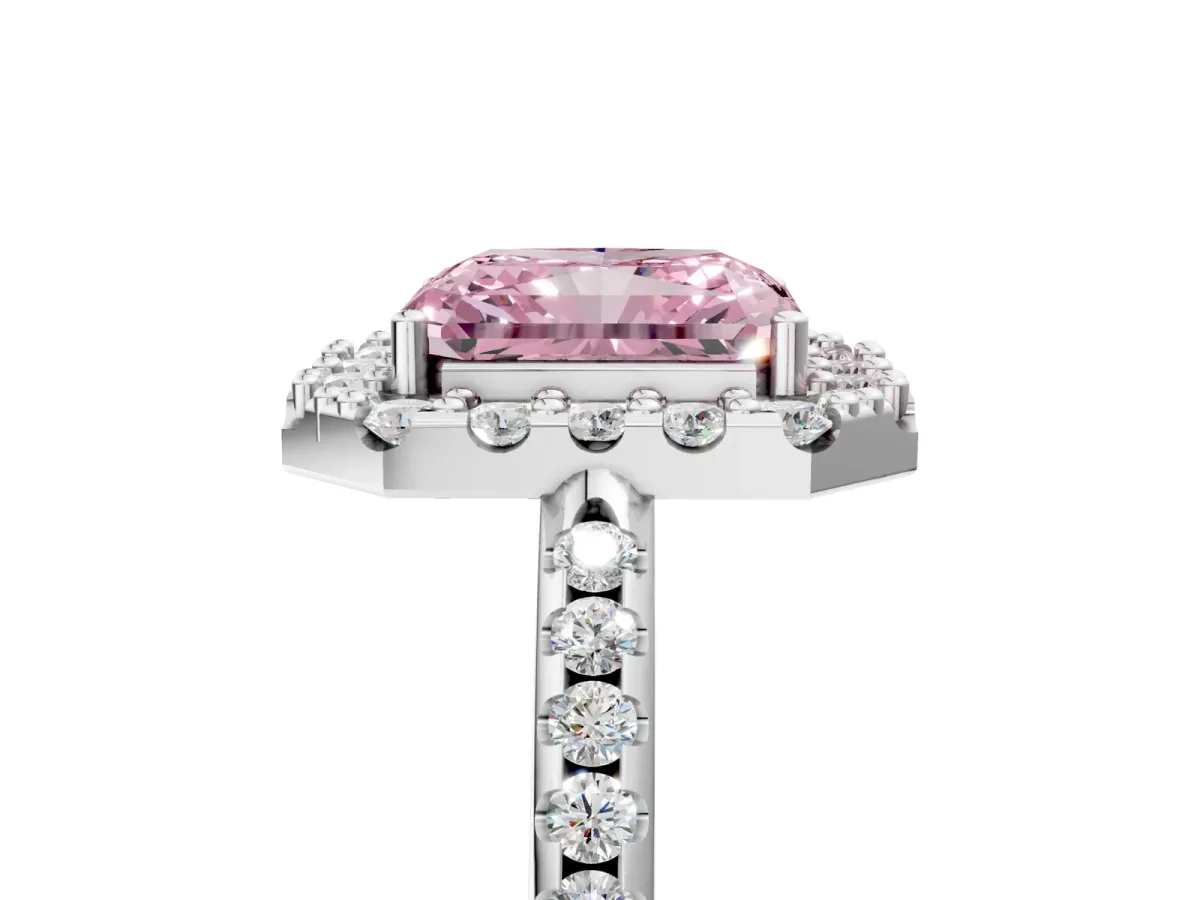 Fancy Pink Radiant Cut Diamond Pavé Halo Ring with Four-Prong Setting Platinum