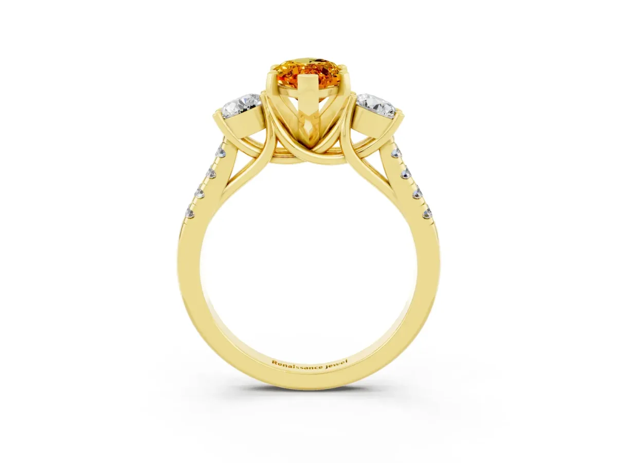 Three-Stone Marquise Cut Citrine Pavé Band with Four-Prong Setting Yellow gold