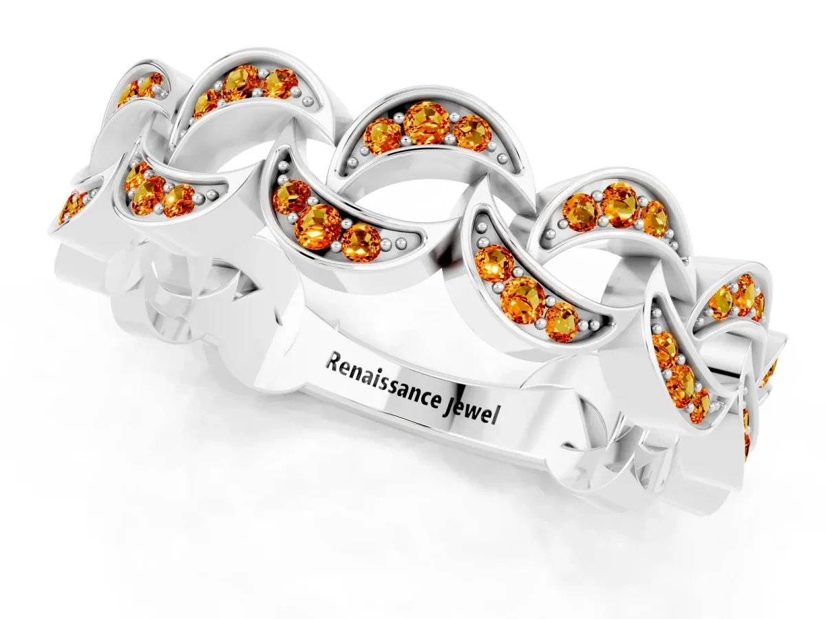Pavé Round Citrine Interlocking Eternity Band with Bezel Prong Setting White gold