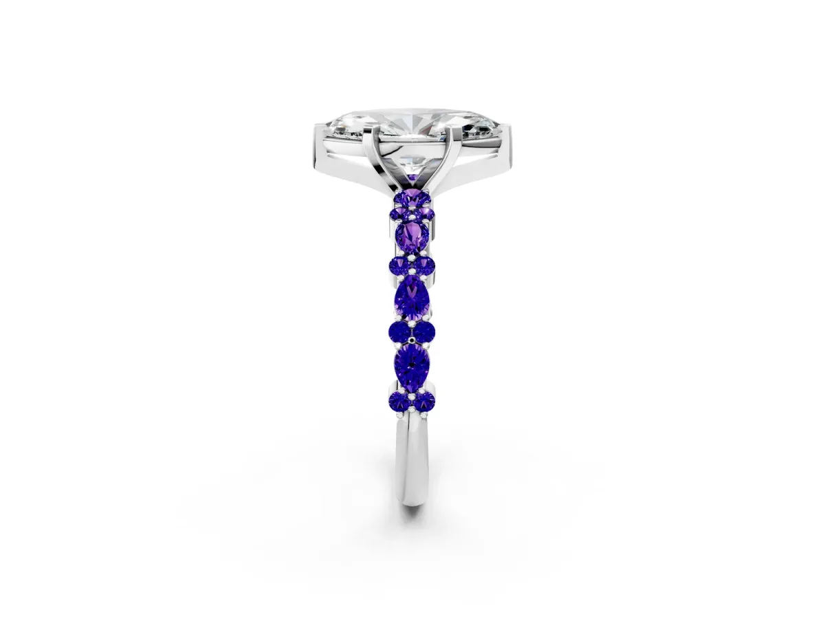 Marquise Cut Diamond Side Stone Solitaire Ring with Round Tanzanite and Four-Prong Setting Silver
