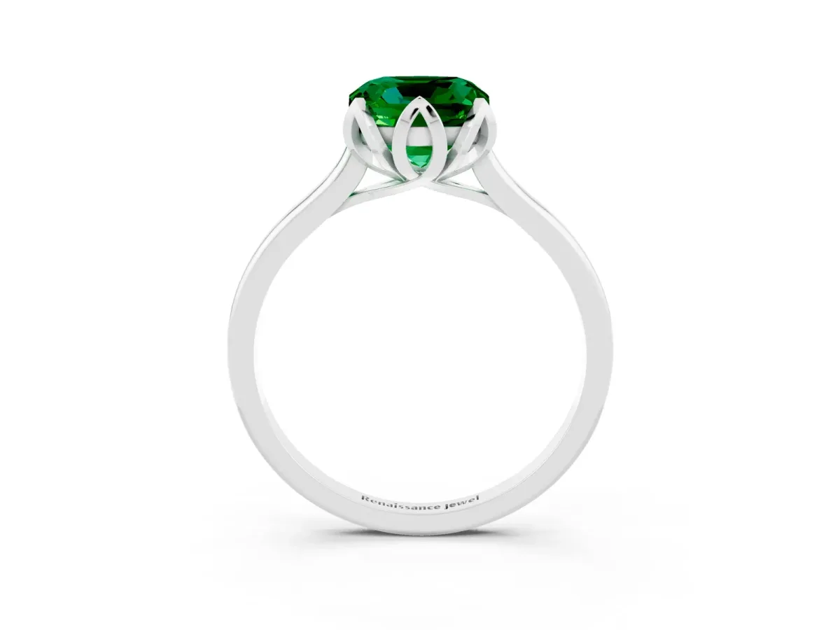 Cushion Cut Emerald Solitaire Ring with Flower Prong Setting and Classic Band White gold
