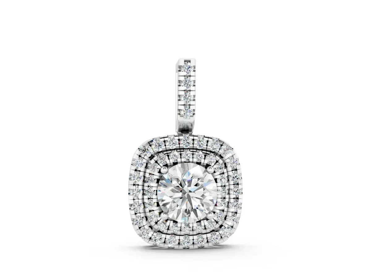 Double Halo Round Diamond Pendant with Pavé Setting and Prong Setting Silver