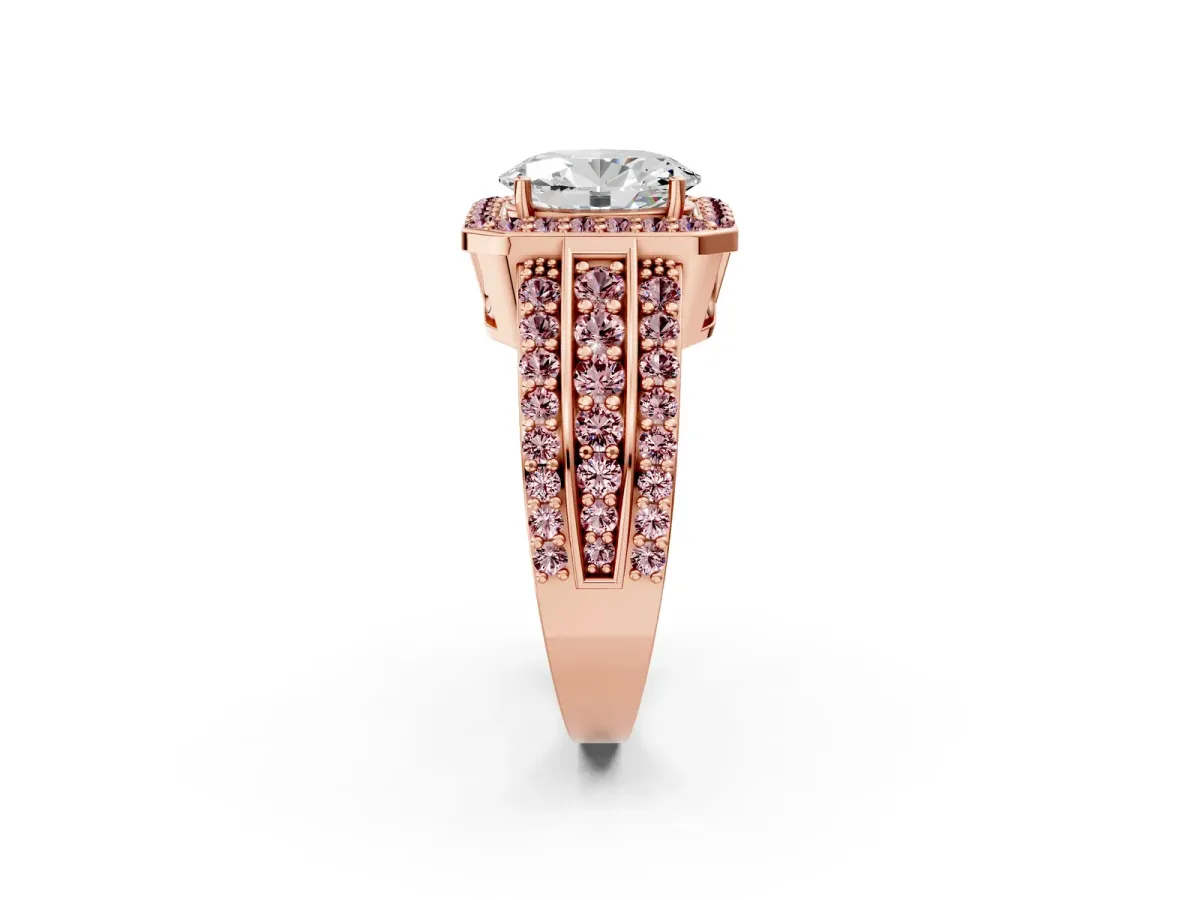 Oval Cut Halo Diamond Ring with Round Morganite Split Shank and Prong Setting Rose gold