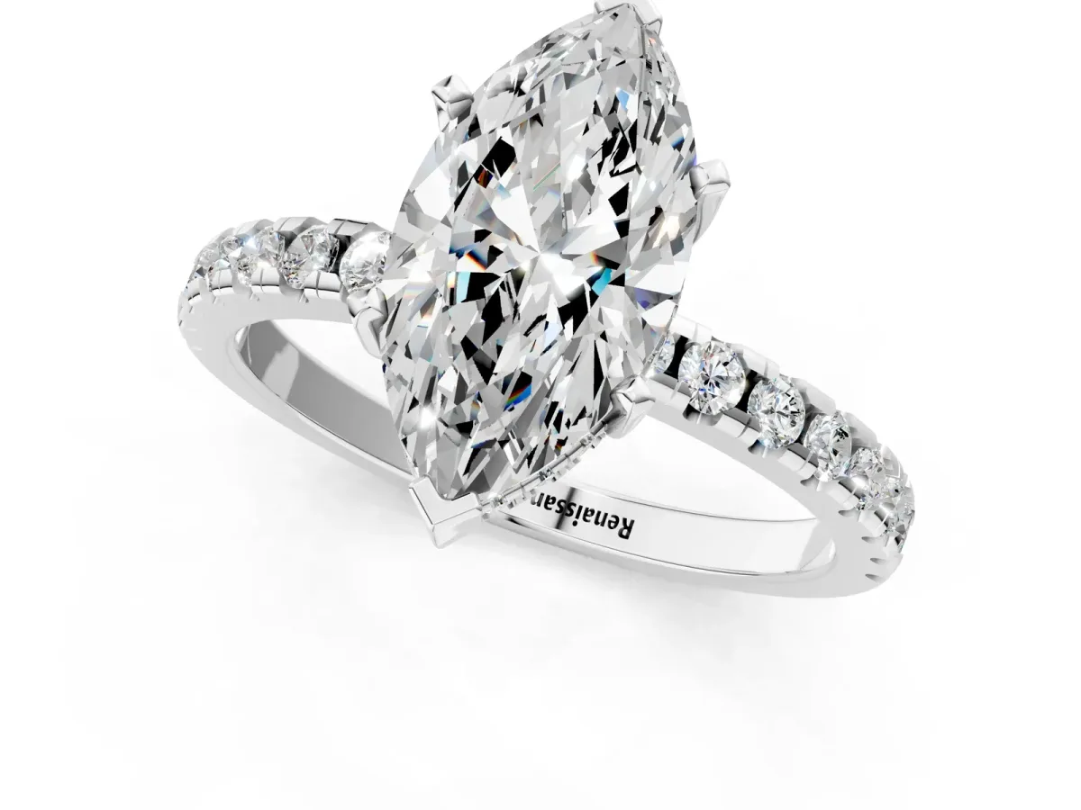 Marquise Cut Diamond Solitaire Ring with Round Pavé Band and Four-Prong Setting Silver