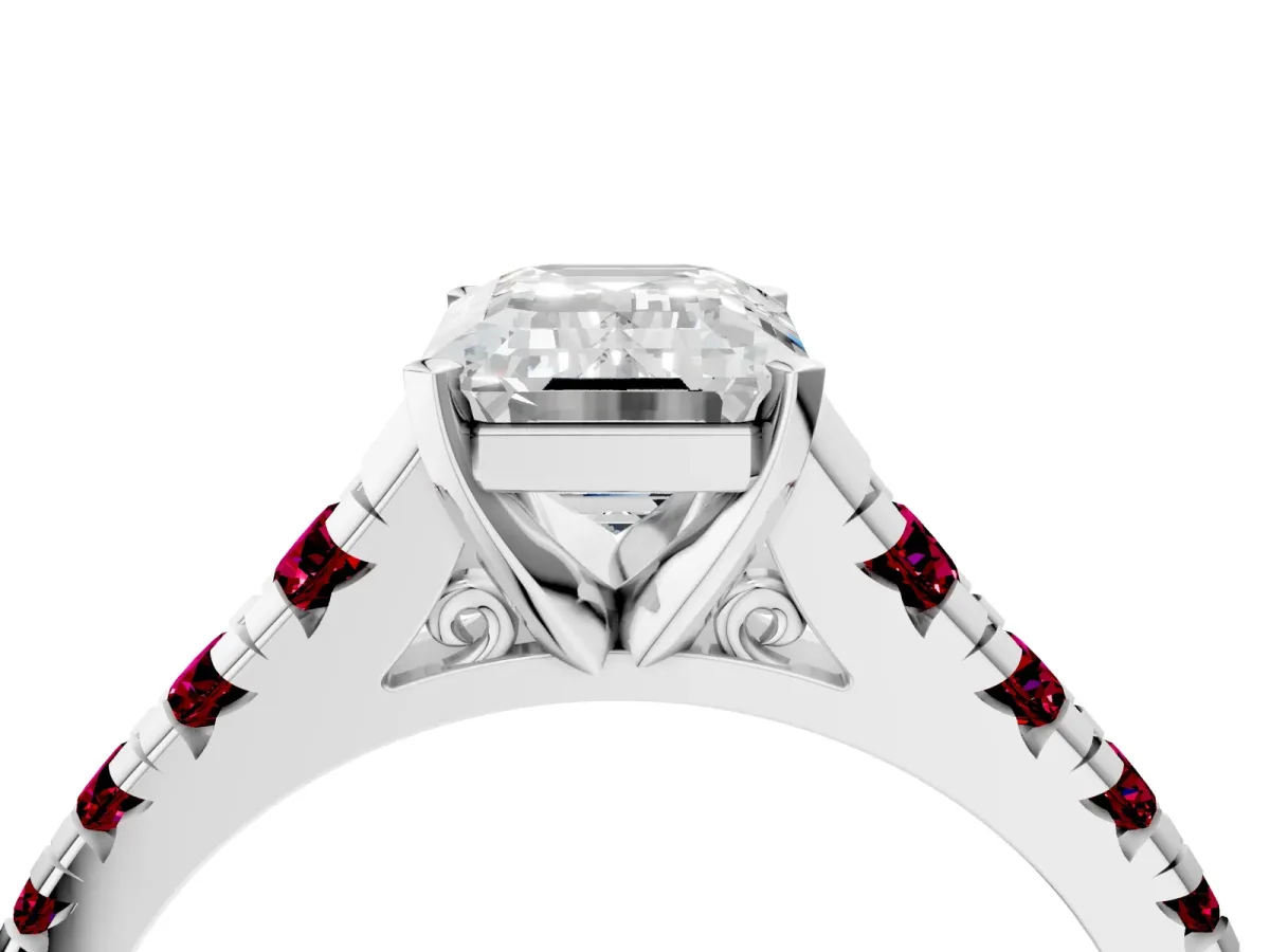 Emerald Cut Diamond Cathedral Solitaire Ring with Round Garnet Pavé Band Platinum