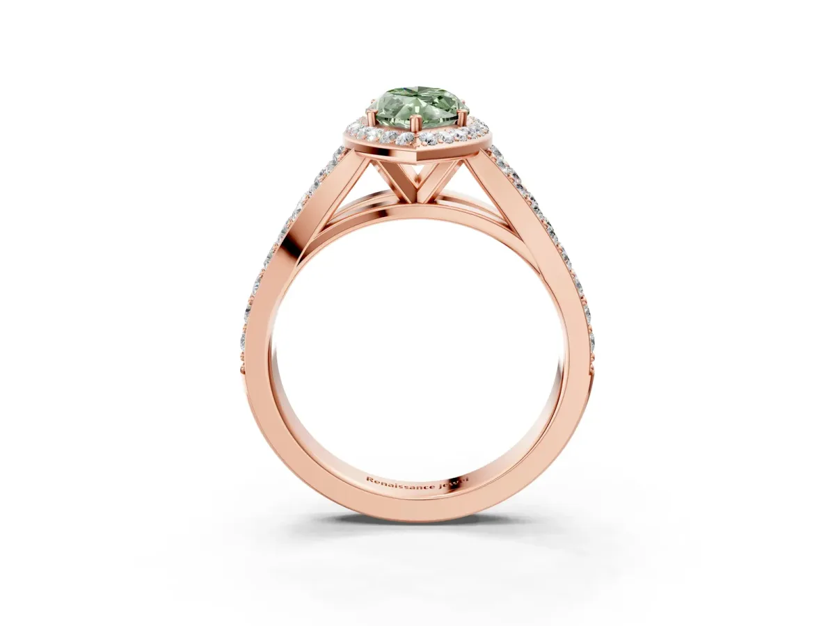 Fancy Green Marquise Cut Diamond Split Shank Halo Ring with Four-Prong Setting Rose gold