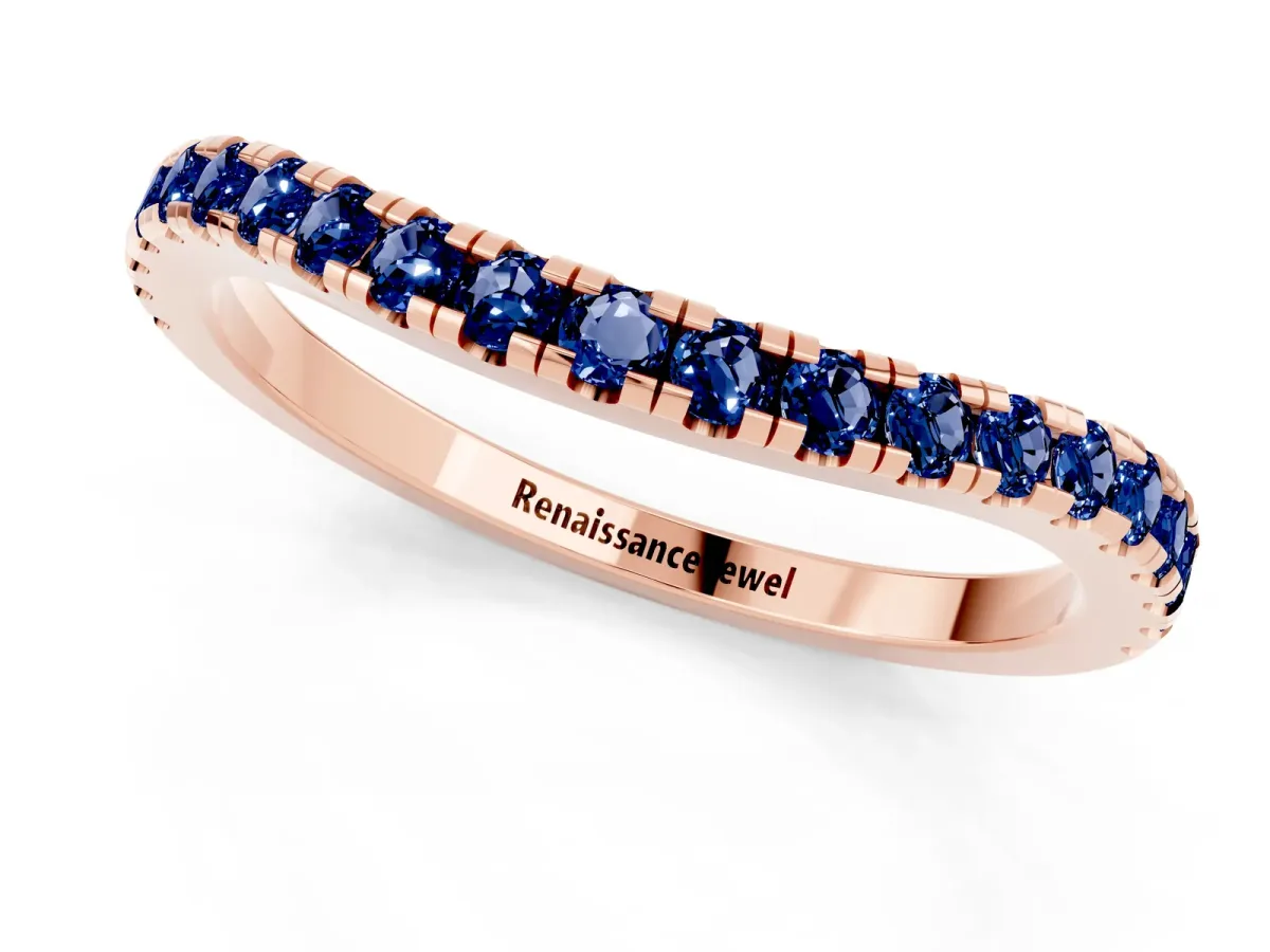 Round Blue Sapphire Pavé Half Eternity Band with Shared Prong Setting Rose gold