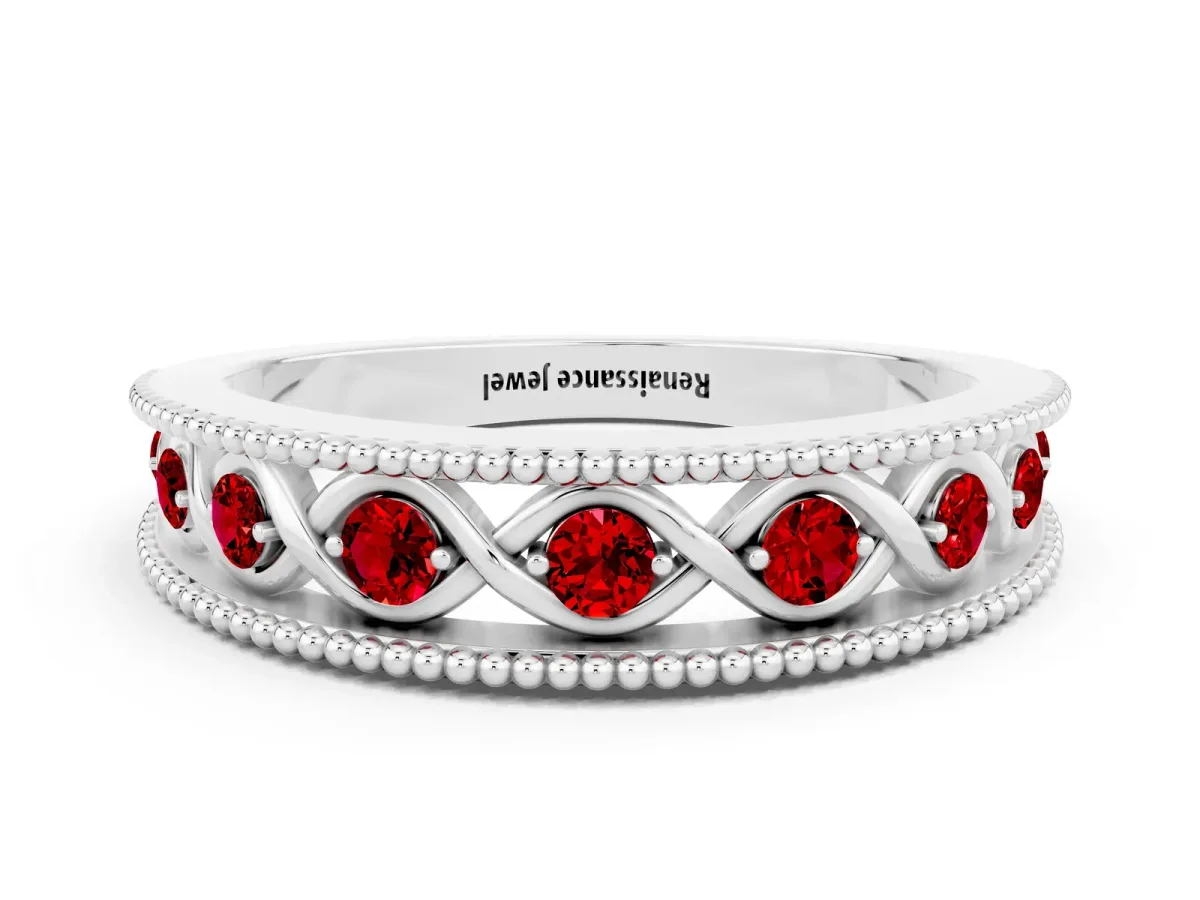 Round Ruby Twist Milgrain Band with Bezel Setting Silver
