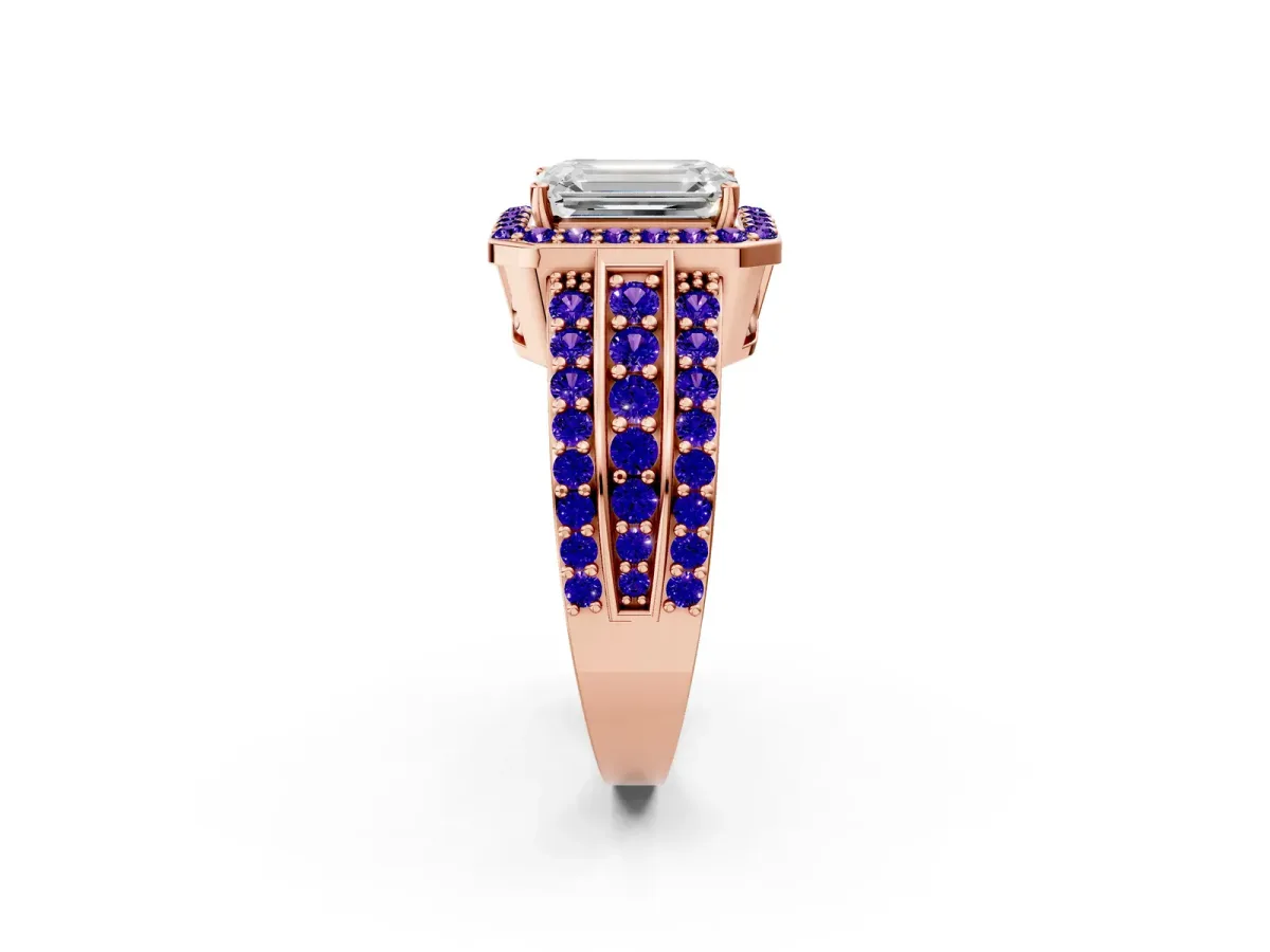 Emerald Cut Halo Diamond Ring with Round Tanzanite Split Shank and Prong Setting Rose gold
