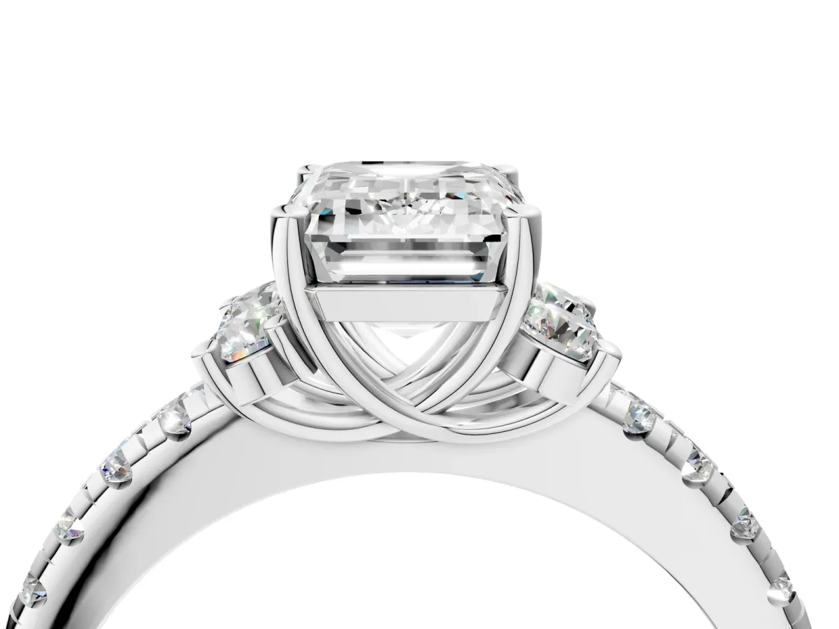 Emerald Cut Diamond Three-Stone Pave Band with Four-Prong Setting Silver