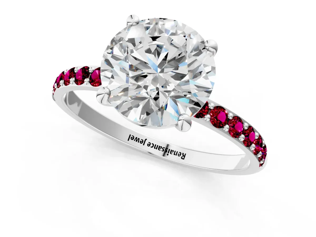 Round Cut Diamond Solitaire Ring with Round Garnet Pavé Band and Prong Setting Silver