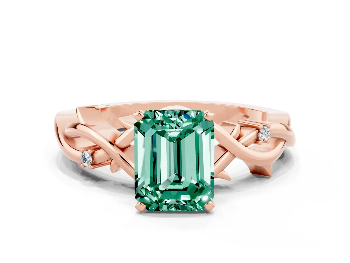 Emerald Cut Green Sapphire Solitaire Ring with Twisted Band and Prong Setting Rose gold