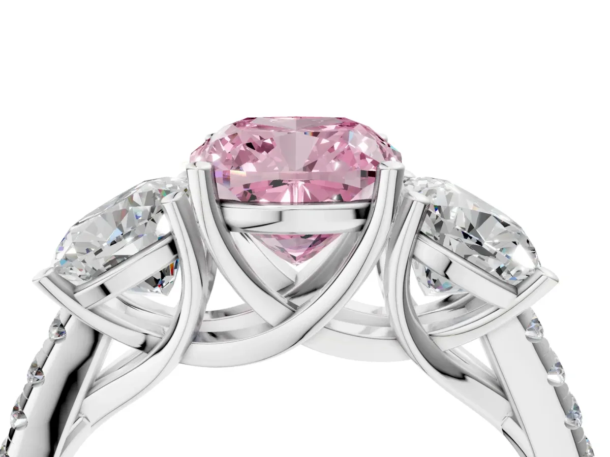 Fancy Pink Three-Stone Cushion Cut Diamond Ring with Round Pavé Band and Prong Setting Silver