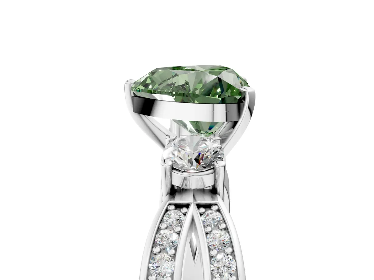 Fancy Green Three-Stone Heart Cut Cut Diamond Twist Band with Prong Setting Platinum