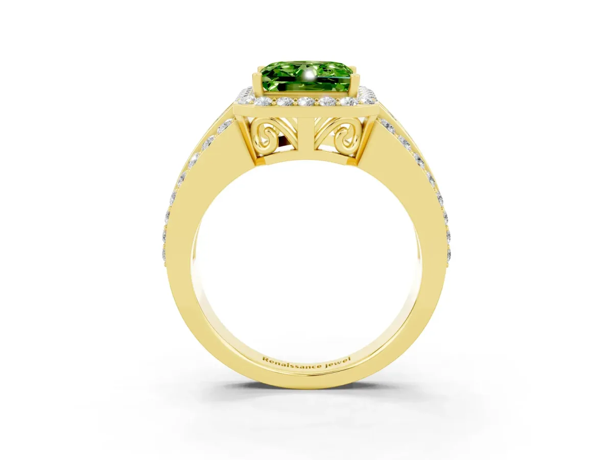 Princess Cut Halo Peridot Ring with Round Split Shank and Prong Setting Yellow gold
