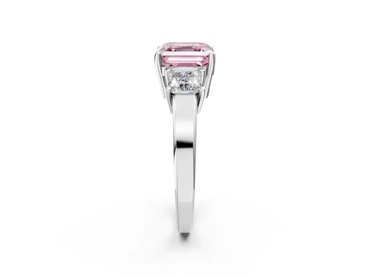 Fancy Pink Three-Stone Asscher Cut Cut Solitaire Ring with Prong Setting Platinum