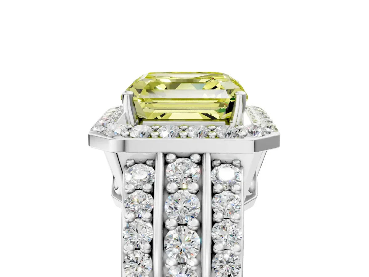 Fancy Yellow Asscher Cut Halo Diamond Ring with Round Split Shank and Prong Setting Silver