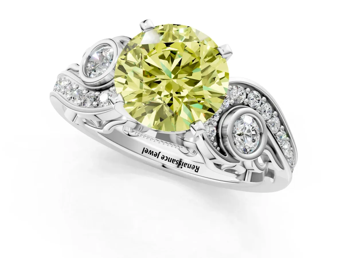 Fancy Yellow Round Cut Diamond Solitaire Ring with Milgrain Pavé Band and Four-Prong Setting Silver