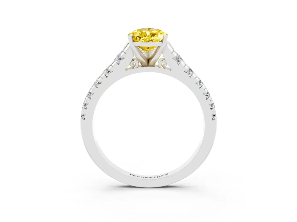 Pear Cut Yellow Sapphire Cathedral Solitaire Ring with Round Pavé Band Silver