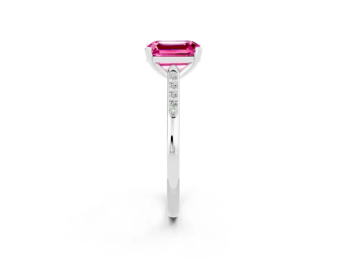 Emerald Cut Pink Sapphire Solitaire Ring with Channel Set Round Band and Prong Setting Silver