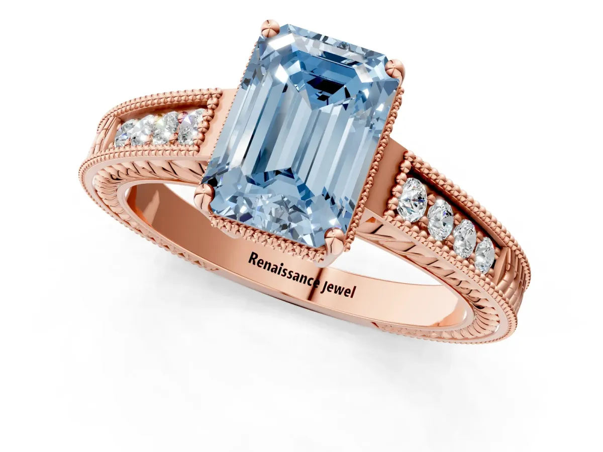 Fancy Blue Emerald Cut Cut Diamond Milgrain Pave Band Four-Prong Setting Ring Rose gold