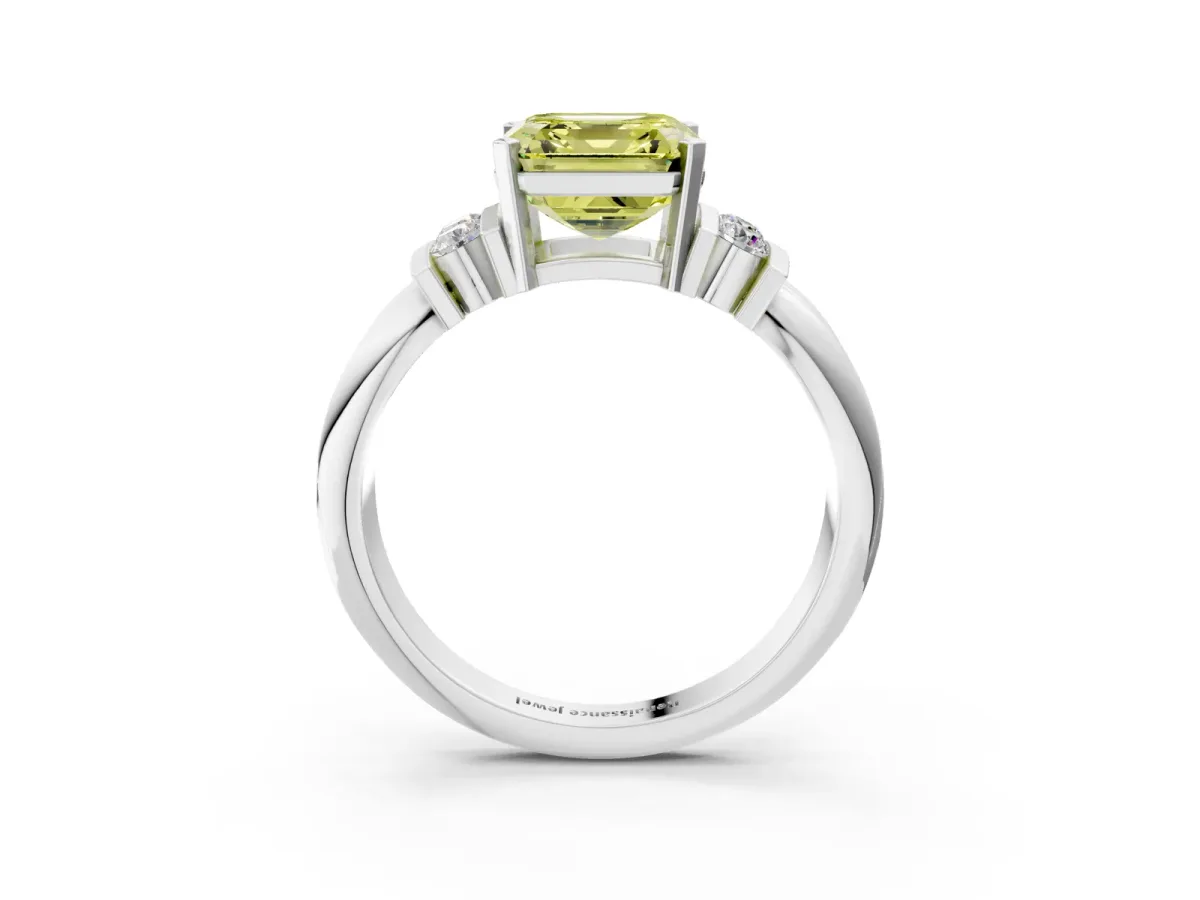 Fancy Yellow Asscher Cut Cut Three-Stone Channel Set Ring with Bar Prongs Platinum