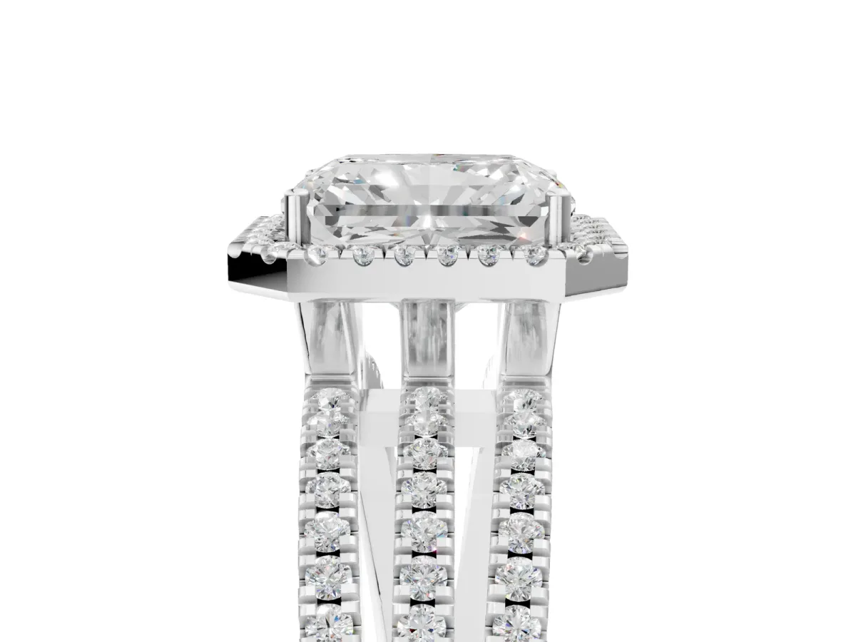 Radiant Cut Diamond Halo Engagement Ring with Split Shank and Four-Prong Setting Platinum
