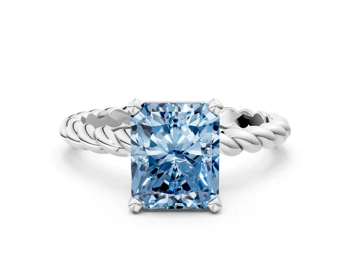 Fancy Blue Radiant Cut Cut Solitaire Twisted Band with Four-Prong Setting Platinum