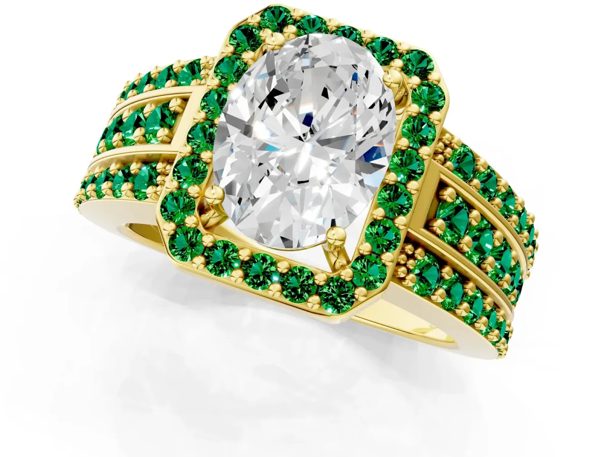 Oval Cut Halo Diamond Ring with Round Emerald Split Shank and Prong Setting Yellow gold