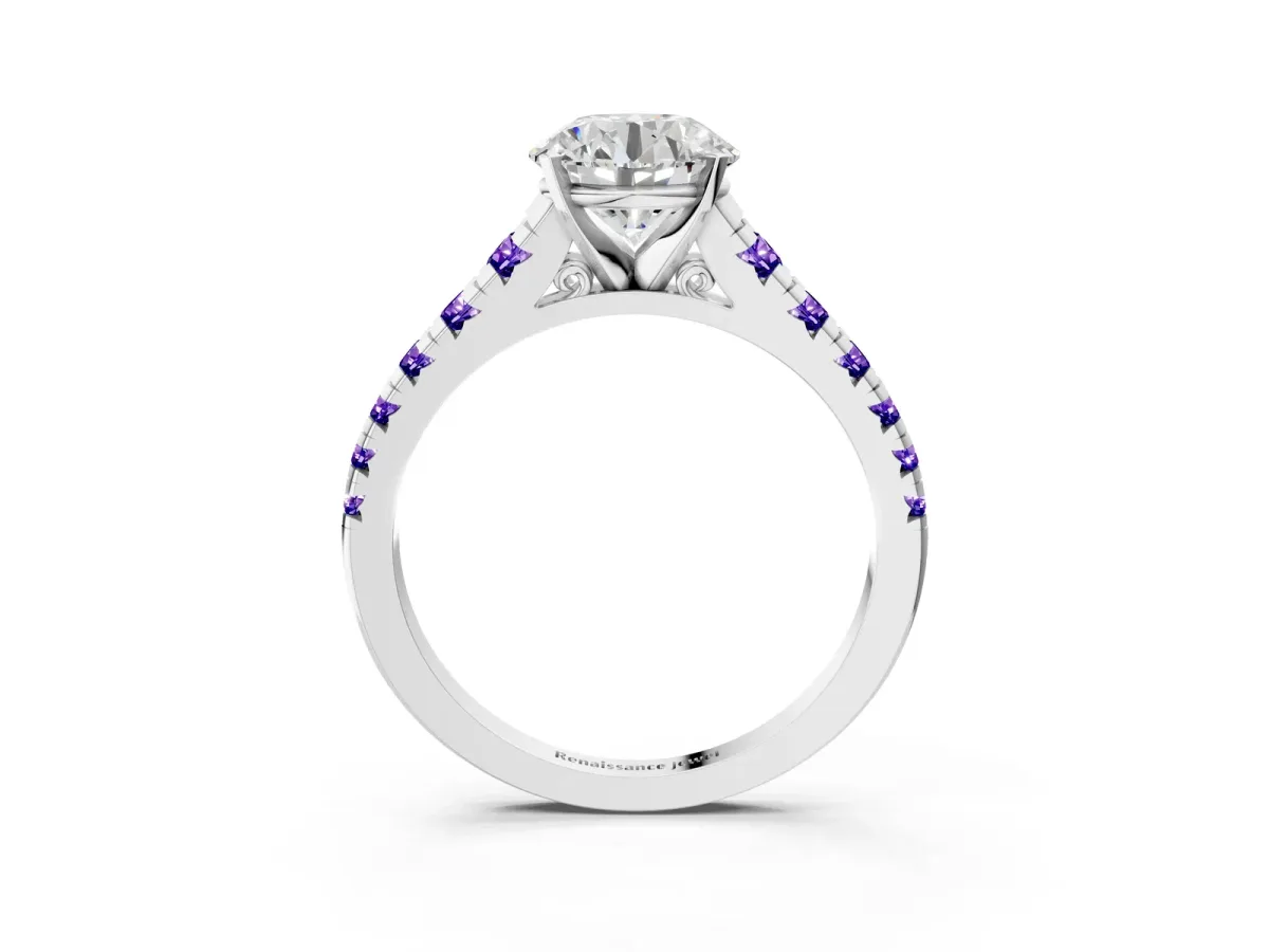 Round Cut Diamond Cathedral Solitaire Ring with Round Tanzanite Pavé Band Silver