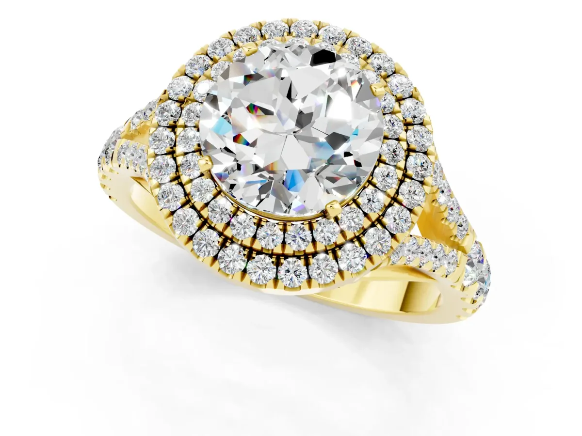 Round Cut Moissanite Double Halo Ring with Split Shank and Prong Setting Yellow gold