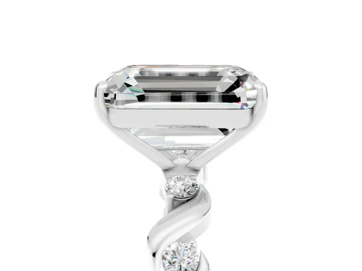 Emerald Cut Moissanite Solitaire Twisted Band with Round Accents and Prong Setting Silver