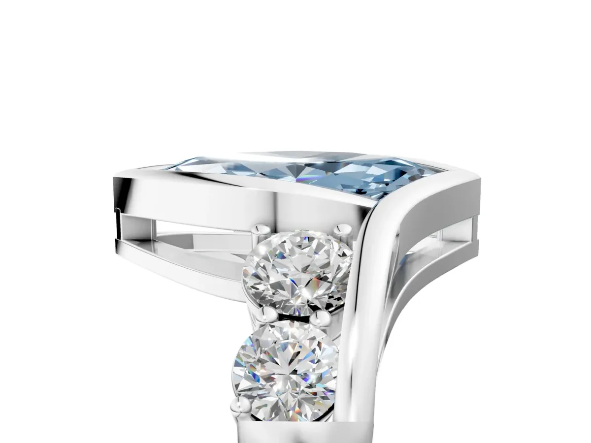 Fancy Blue Bezel Set Marquise Cut Diamond Bypass Ring with Round Accents Platinum