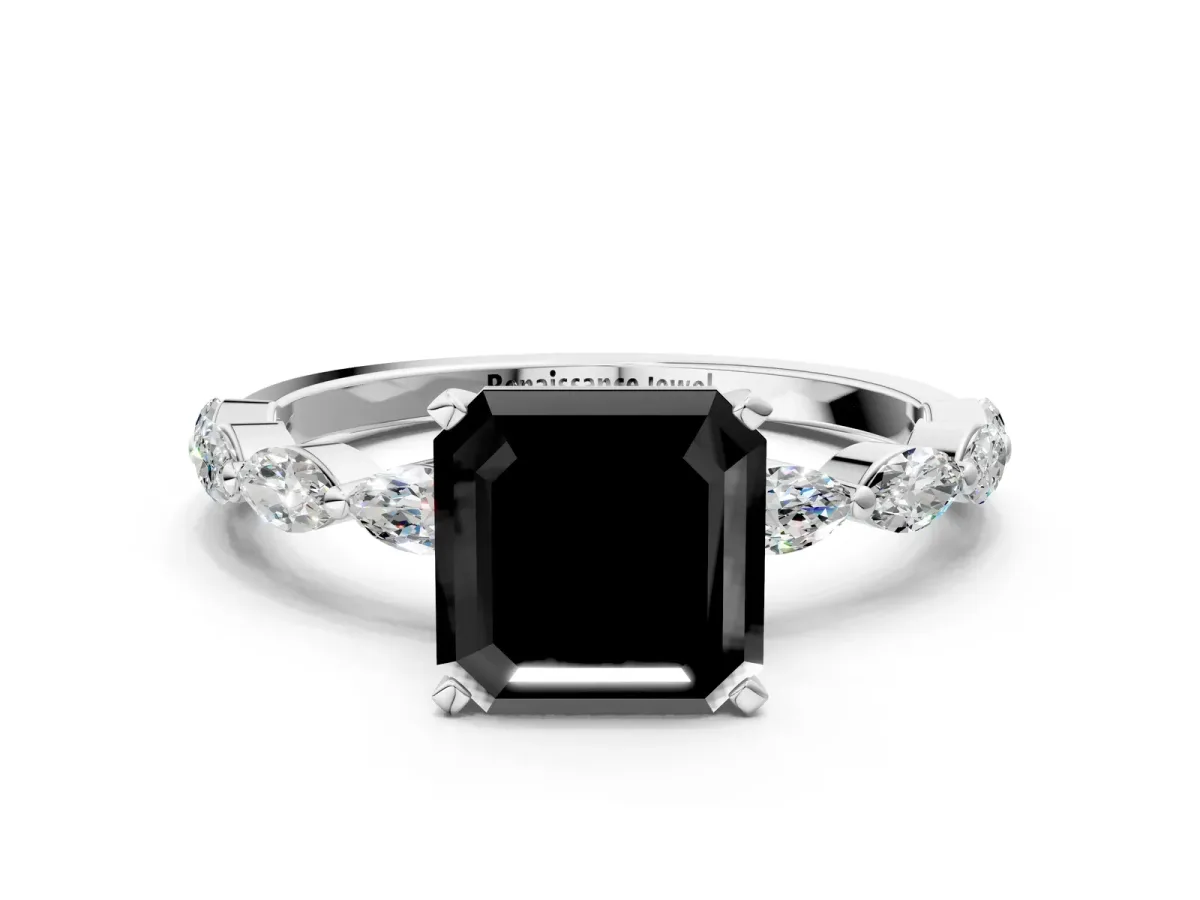 Fancy Black Asscher Cut Diamond Ring with Marquise Side Stones and Prong Setting Platinum