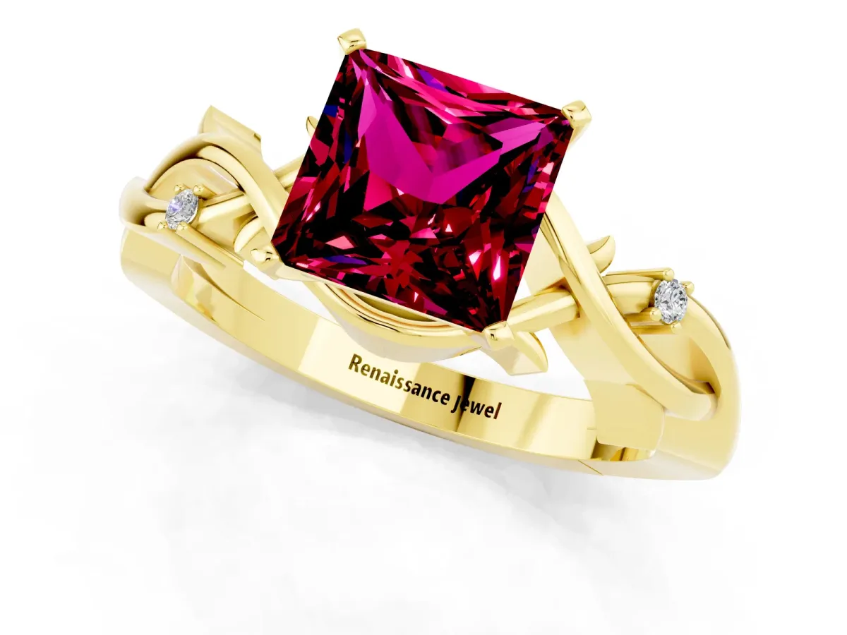 Princess Cut Garnet Solitaire Ring with Twisted Band and Prong Setting Yellow gold
