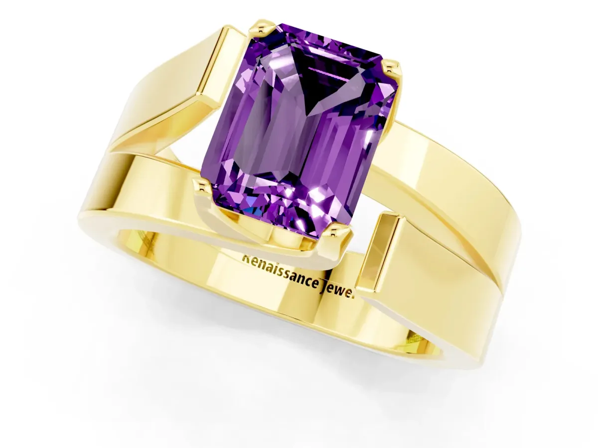 Modern Tension Set Emerald Cut Amethyst Solitaire Wide Band Ring Yellow gold