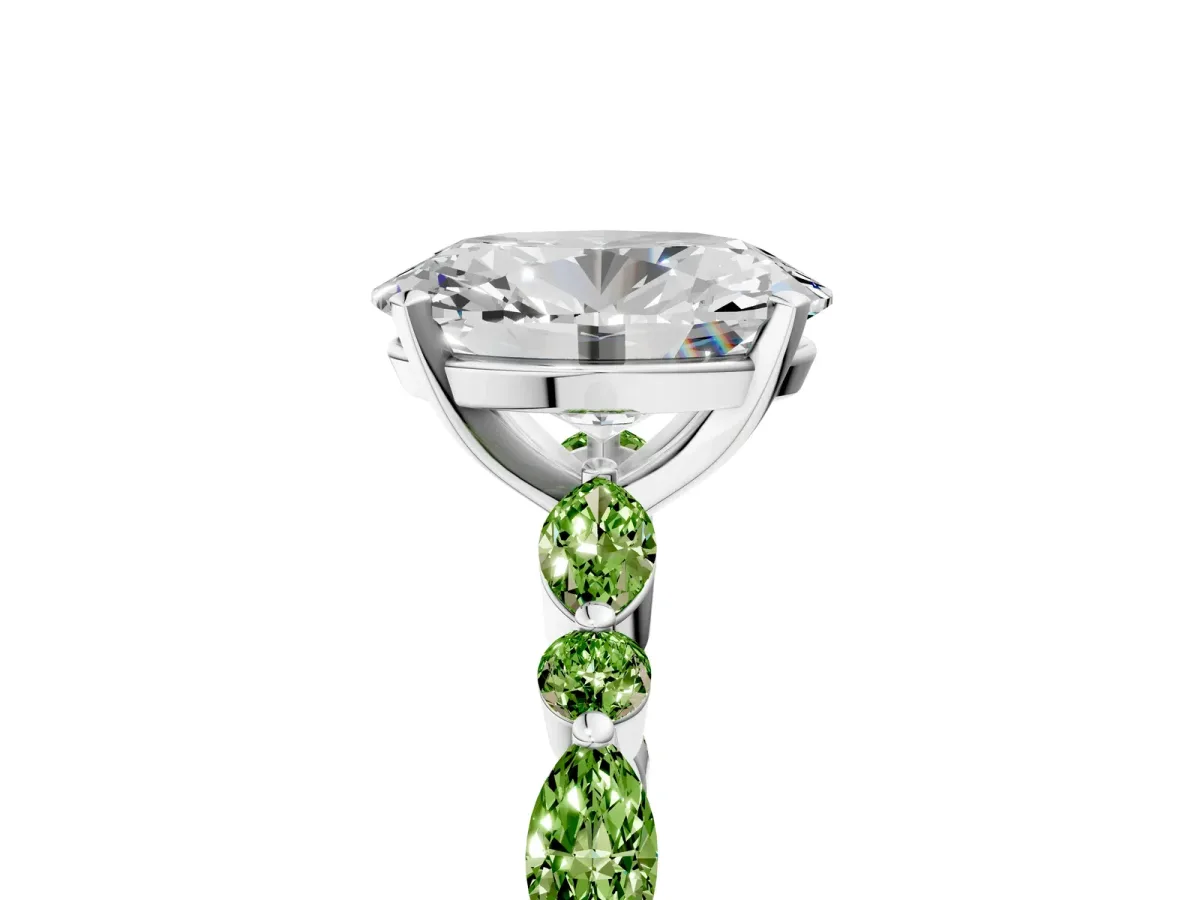 Oval Cut Diamond Ring with Marquise and Round Peridot Side Stones and Four-Prong Setting Silver