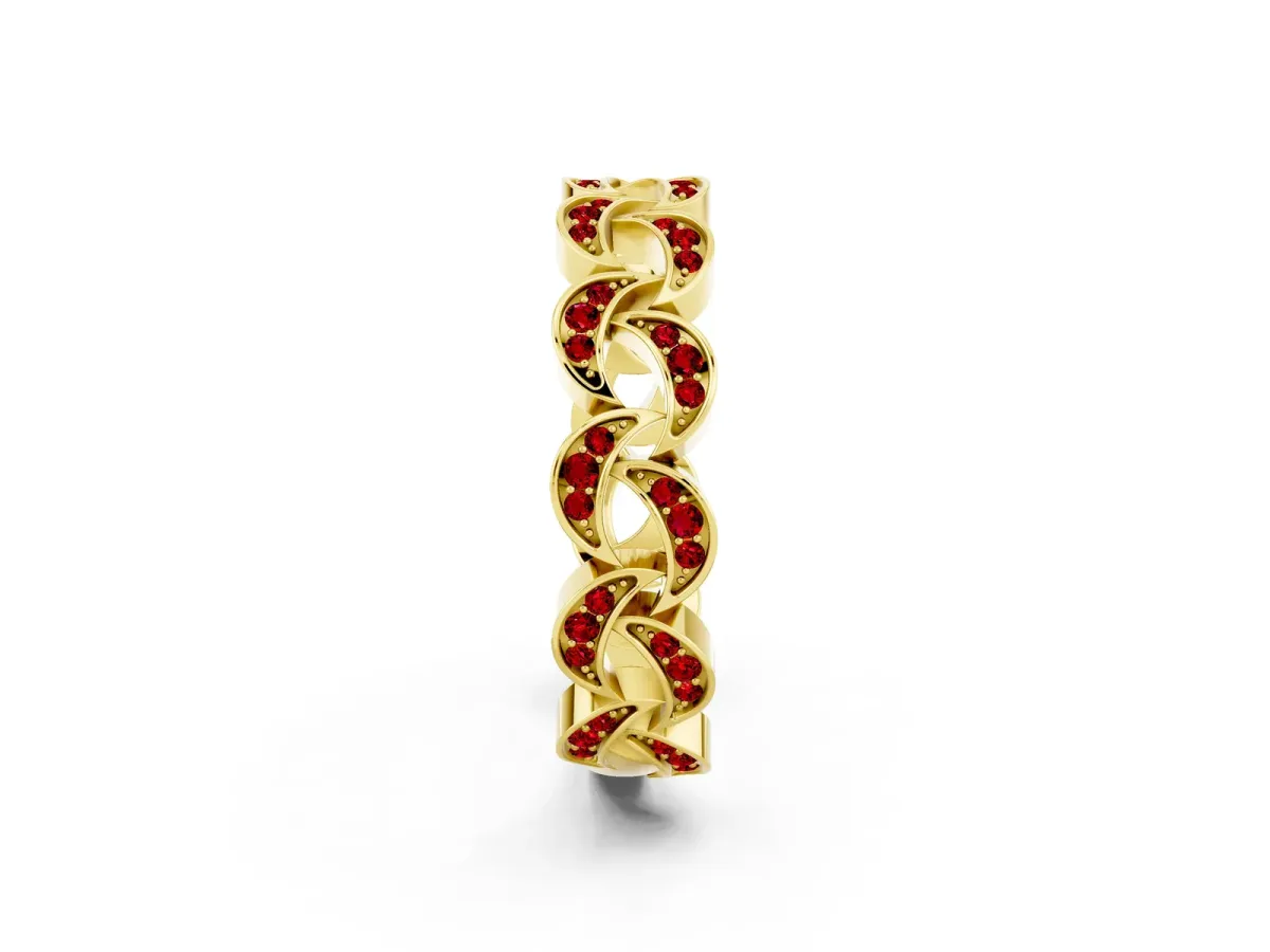Pavé Round Ruby Interlocking Eternity Band with Bezel Prong Setting Yellow gold