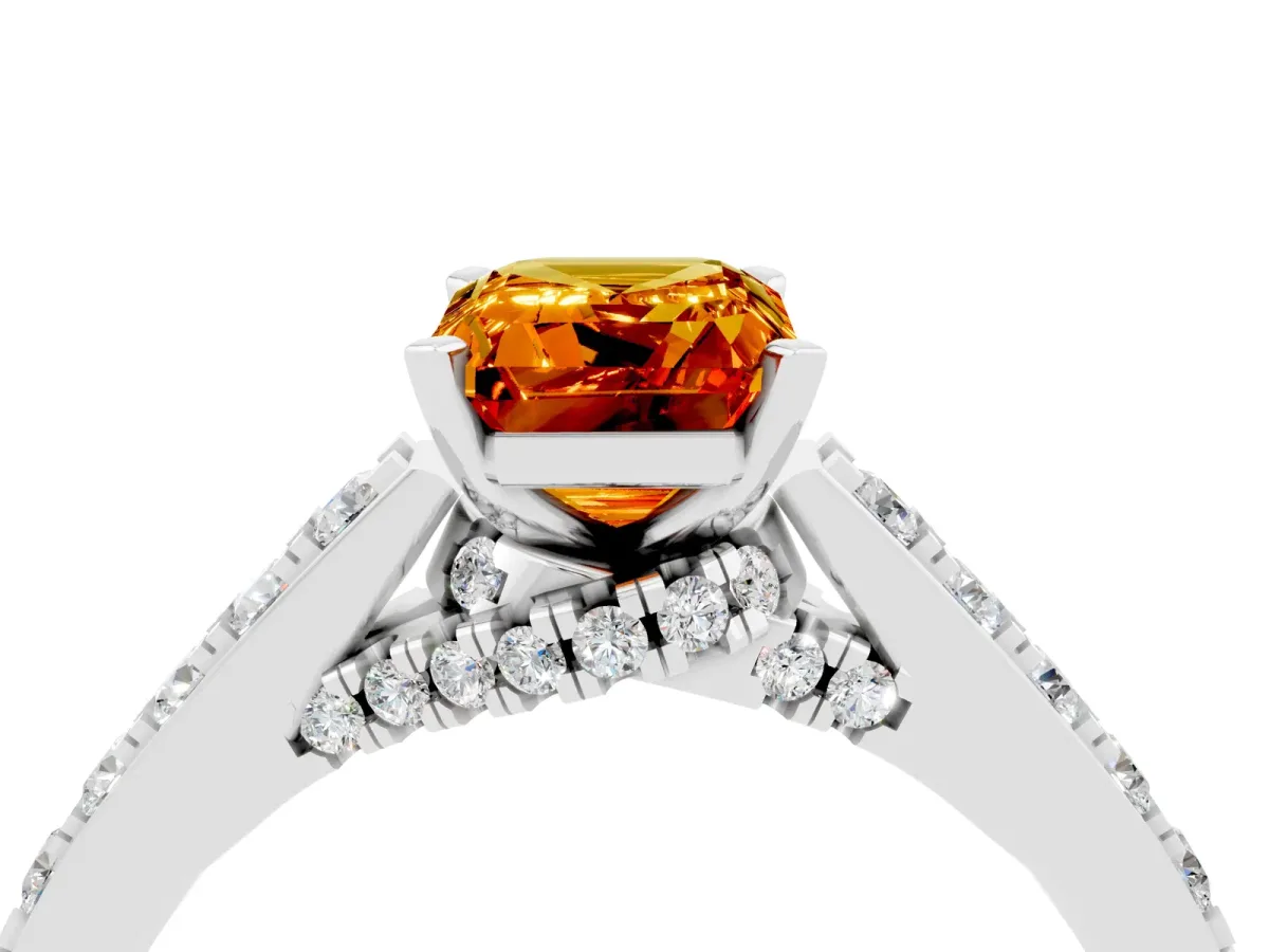 Emerald Cut Citrine Solitaire Ring with Crossover Gallery and Round Pavé Band Silver